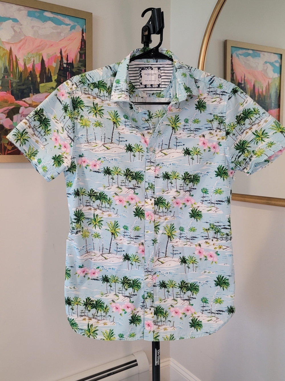 DENIM & FLOWER Tropical Hawaiian Print Short Sleeve Button Down Shirt Size M